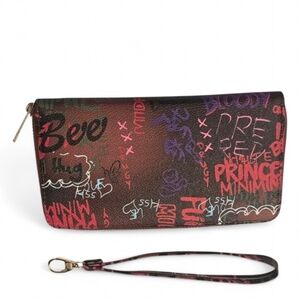 Graffiti Print Zip Around Wallet Wristlet Vegan Leather‎ NEW